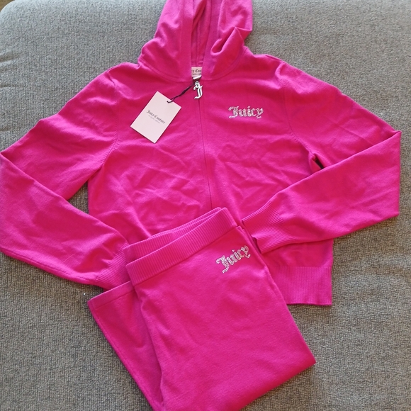 NEW! NWT JUICY COUTURE OG Bling Tracksuit Set Hot Pink  Size L Hoodie Zip Pants - Picture 1 of 15